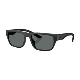 Emporio Armani black rectangular sunglasses with matte frame and dark grey lenses, small logo on temple
