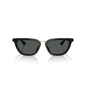 Black cat-eye sunglasses with gold bridge detail and dark grey lenses, front-facing view