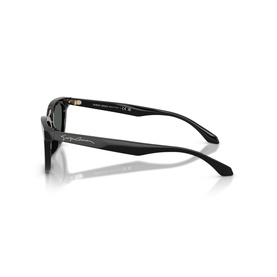 Black sunglasses side profile view showing slim temple arm with gold-tone branding detail and dark lens