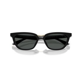 Black rectangular sunglasses with dark grey lenses, subtle silver temple detail, and classic acetate frame