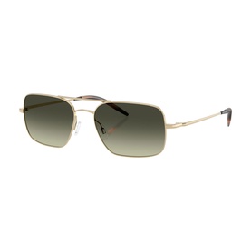 Oliver Peoples gold metal rectangular sunglasses with gradient green lenses and slim temples