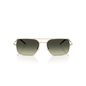 Oliver Peoples sunglasses in gold-tone metal with rectangular aviator frames and green gradient lenses, front view