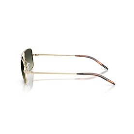 Oliver Peoples gold aviator sunglasses with gradient green lenses, tortoiseshell temple tips, side profile view