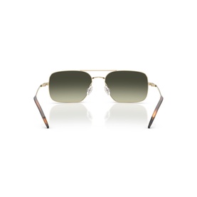Oliver Peoples gold metal sunglasses, rear view showing tortoiseshell temples and green gradient lenses with double bridge