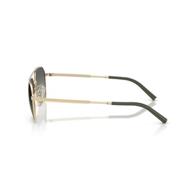 Gold-tone metal frame sunglasses with dark green gradient lenses and olive green temple arms, side profile view