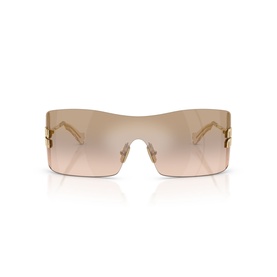 Rimless shield sunglasses with gold-tone metal temples and pink-tinted mirrored lenses, front-facing product view