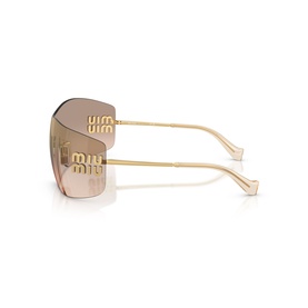 Miu Miu shield sunglasses with gold logo lettering on gradient brown lens, slim gold temples, side view