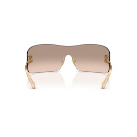 Gold-tone rimless shield sunglasses with gradient brown lenses, rear view showing temple arms and logo detail