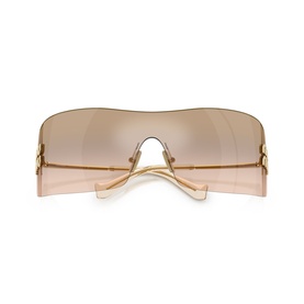 Oversized shield sunglasses with gold metal frame, rimless pink-tinted gradient lenses, rear view showing temple arms