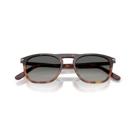 Persol sunglasses in tortoiseshell and gold with square frames and gradient grey lenses, folded flat.