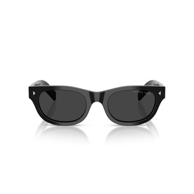 Prada black acetate rectangular sunglasses with dark grey lenses and silver logo detail at temples, front-facing view