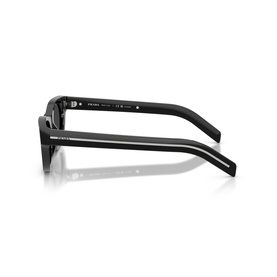 Prada sunglasses in black, rear three-quarter view showing temple arms with branded Prada lettering and hinge detail.