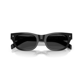 Black oval-frame sunglasses with dark grey lenses and silver stud detail at temples, folded flat on white background