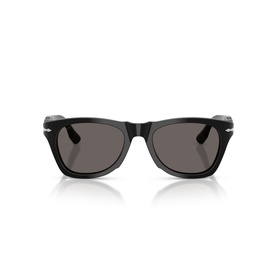 Persol black wayfarer-style sunglasses with dark grey lenses and silver temple detail, front-facing view