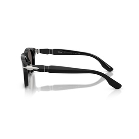 Persol black sunglasses, side profile view showing silver hinges and classic acetate temple arms with branded detail