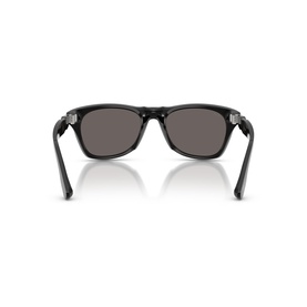 Black wayfarer-style sunglasses, rear view showing black acetate frame, temple arms, and grey lenses