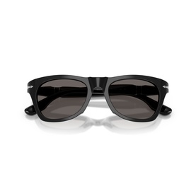 Persol black square-frame sunglasses with dark grey lenses and silver-tone hinge detail, folded flat