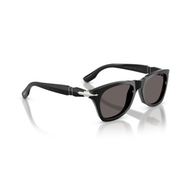 Black wayfarer-style sunglasses with dark grey lenses, silver-tone hinge detail, and gloss acetate frames