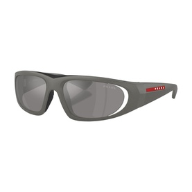 Prada Linea Rossa wraparound sunglasses in matte grey with mirrored lenses and red logo detail on temple