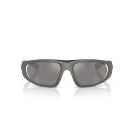 Grey wraparound sunglasses with silver mirrored lenses, angular frames and white accent detailing at temples