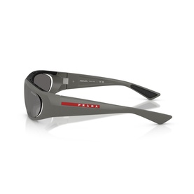Prada grey wrap-around sunglasses with dark lenses, red logo tab on temple, shown from rear three-quarter angle