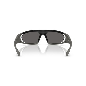 Black wrap-style sunglasses shown from rear angle, with grey lenses and white inner frame detail, chunky black temples