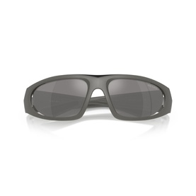 Wraparound sunglasses with matte grey frame and dark tinted lenses, front-facing view