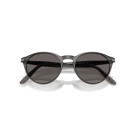Persol round sunglasses in transparent grey with dark grey lenses and slim silver bridge, folded flat