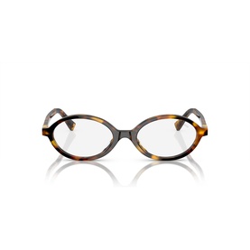 Oval tortoiseshell acetate glasses frames with slim temples, clear lenses, front-facing product view on plain white background.