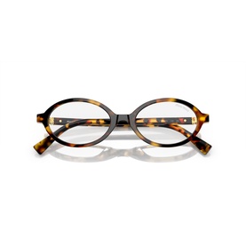 Oval tortoiseshell acetate glasses with clear lenses, folded flat, showing warm brown and amber pattern on frame and temples