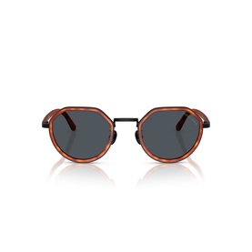 Geometric sunglasses with tortoiseshell orange frames, black metal rims, and dark grey lenses, front view