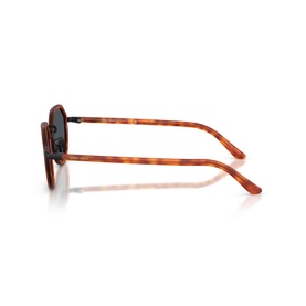 Tortoiseshell round-frame sunglasses with dark lenses, warm amber-brown patterned temples, side profile view