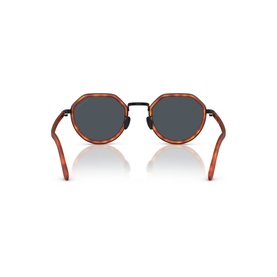 Tortoiseshell round sunglasses, rear view showing dark grey lenses, black metal frame and orange-brown acetate temples