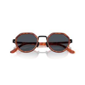 Octagonal sunglasses with tortoiseshell orange frame, black metal detailing, and dark grey lenses
