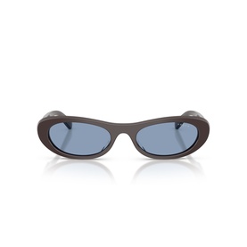 Brown oval-frame sunglasses with blue tinted lenses, slim profile and smooth rounded temples, front-facing view on white background