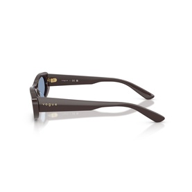 Vogue sunglasses in dark brown, side profile view showing slim temple arm with gold-tone hinge and blue-tinted lens