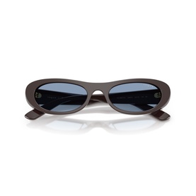 Le Specs Outta Love oval sunglasses in dark brown with blue-tinted lenses, front-facing view