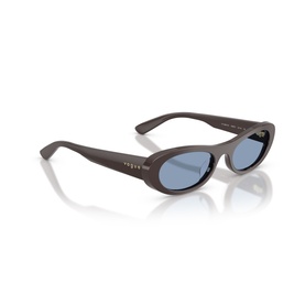 Vogue oval sunglasses in matte brown acetate with blue lenses, angled three-quarter view