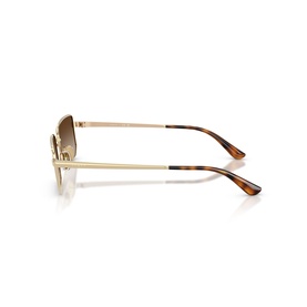 Vogue gold sunglasses side profile view, slim metal frame with tortoiseshell acetate temples and gradient brown lenses