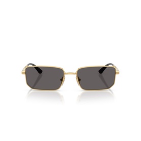 Gold rectangular metal frame sunglasses with dark grey lenses and slim temples, front-facing view