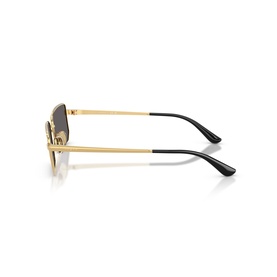 Gold-tone metal frame sunglasses with black temple tips and dark gradient lenses, side profile view
