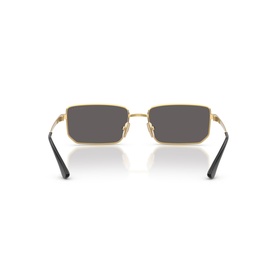 Rectangular sunglasses with gold metal frame, dark grey lenses, and black temple tips, rear view