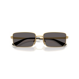 Rectangular sunglasses with gold metal frame and dark grey lenses, slim temples, front-facing view on white background