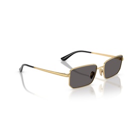 Gold-tone rectangular metal frame sunglasses with dark grey lenses and black temple tips, angled product view