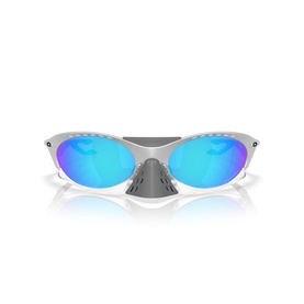 Oakley sport sunglasses with white frame, blue mirrored lenses, and grey nose bridge, front-facing view