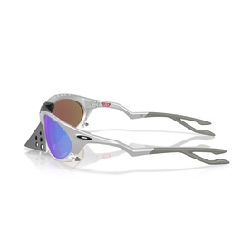 Oakley sunglasses in silver with angular wraparound frames, slim grey temples, and blue-tinted mirrored lenses, shown from rear angle