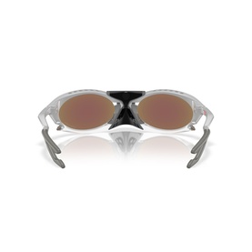 Rear view of silver-frame sport sunglasses with rose gold mirrored lenses, vented nose bridge, and grey rubber temple tips