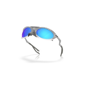 Oakley wraparound sport sunglasses in grey with blue mirrored lenses, slim metal-look frame and adjustable nose pads