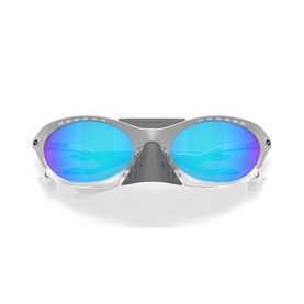 Silver wraparound sunglasses with blue mirrored lenses, ventilated frame detailing, front-facing flat lay view