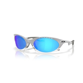 Oakley wraparound sunglasses in silver with blue mirrored lenses, side ventilation ports, and sporty curved frame